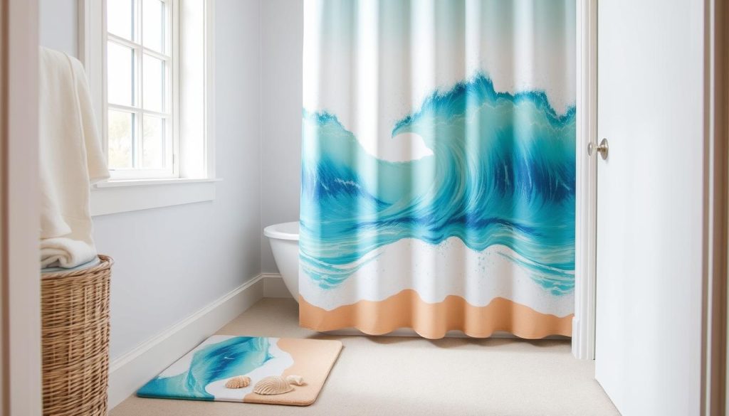 Coastal themed shower curtain and bath mat