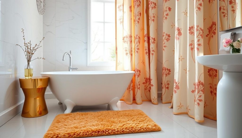 Color coordination techniques for bath mats and curtains