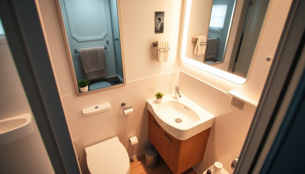 Compact bathroom with vanity lighting