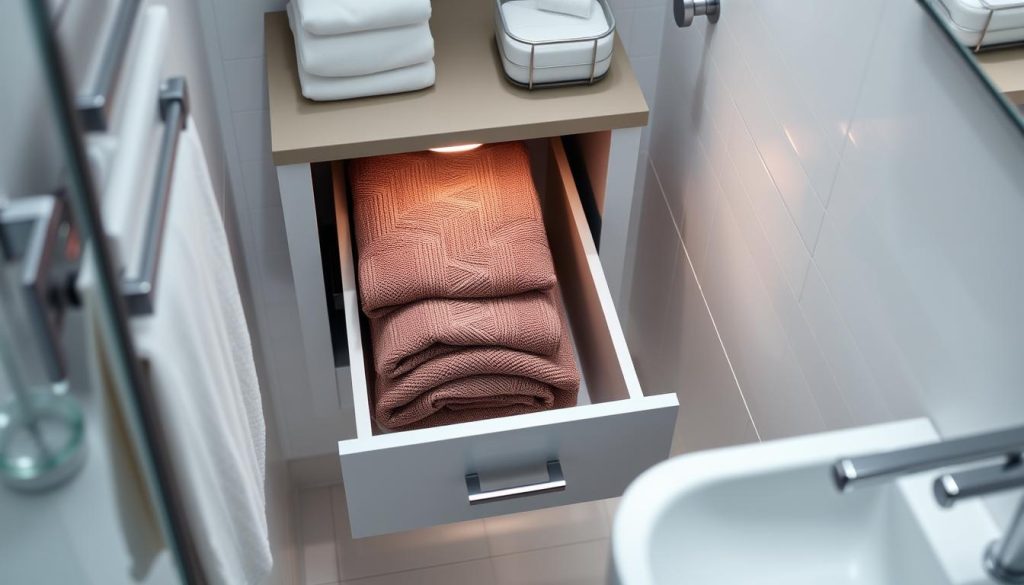 Compact towel warmer drawer in small bathroom