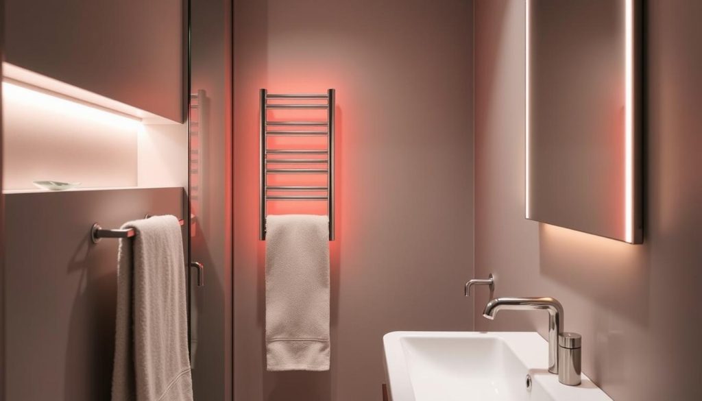 Compact towel warmer in a small bathroom