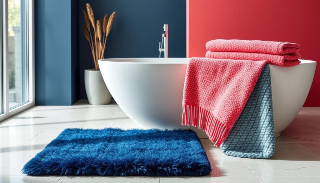 Contrasting bath mat and towel set