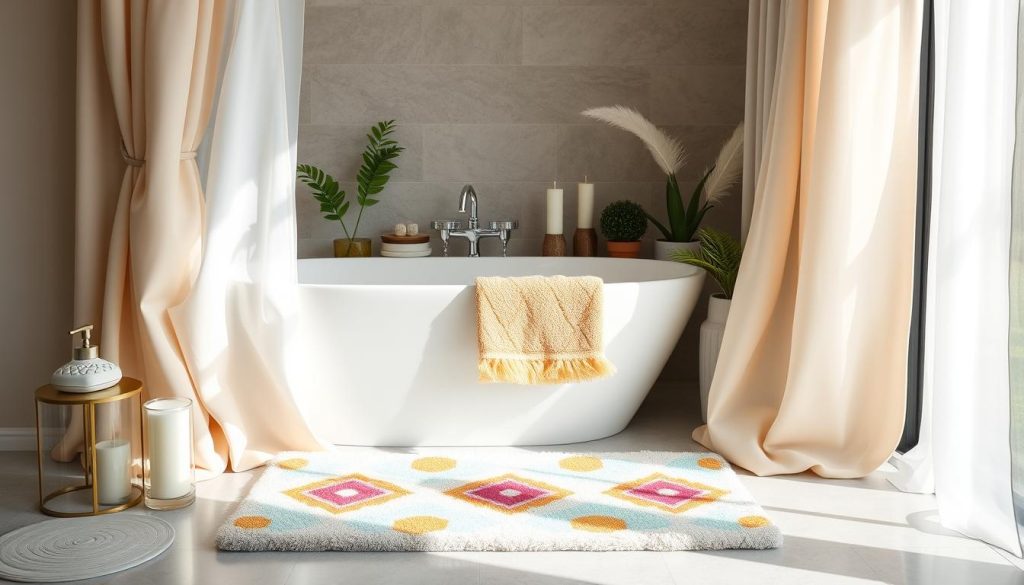 Coordinated bath mat and curtain