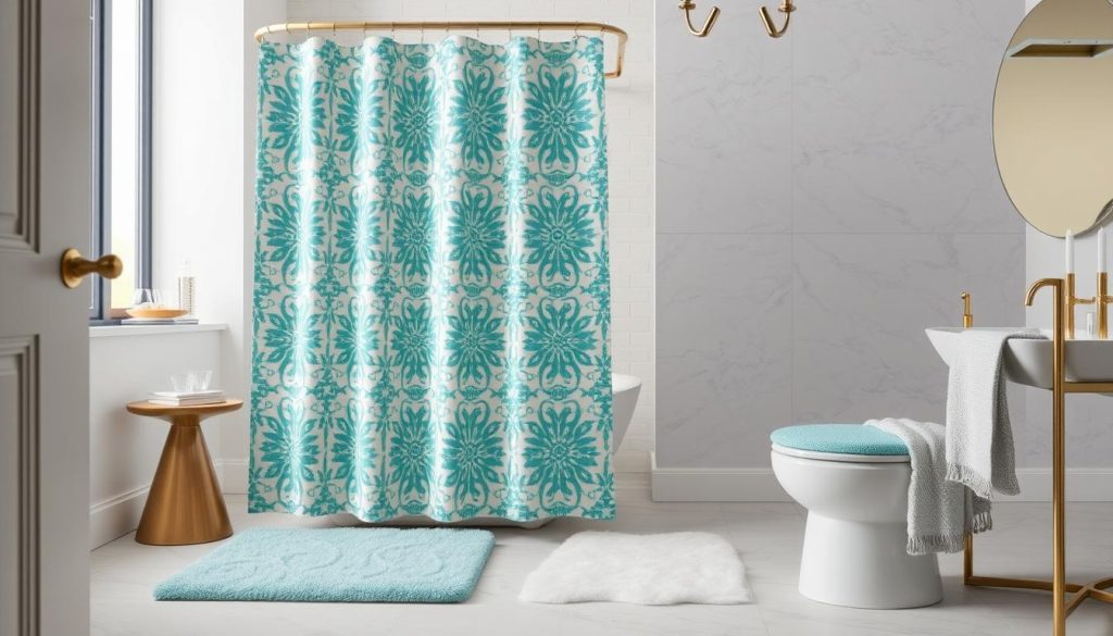 Coordinated shower curtain patterns and bath mat colors