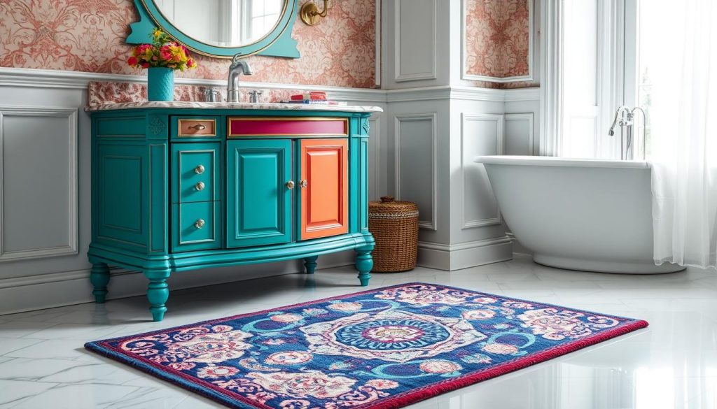 Coordinating bath mat rug with vanity colors