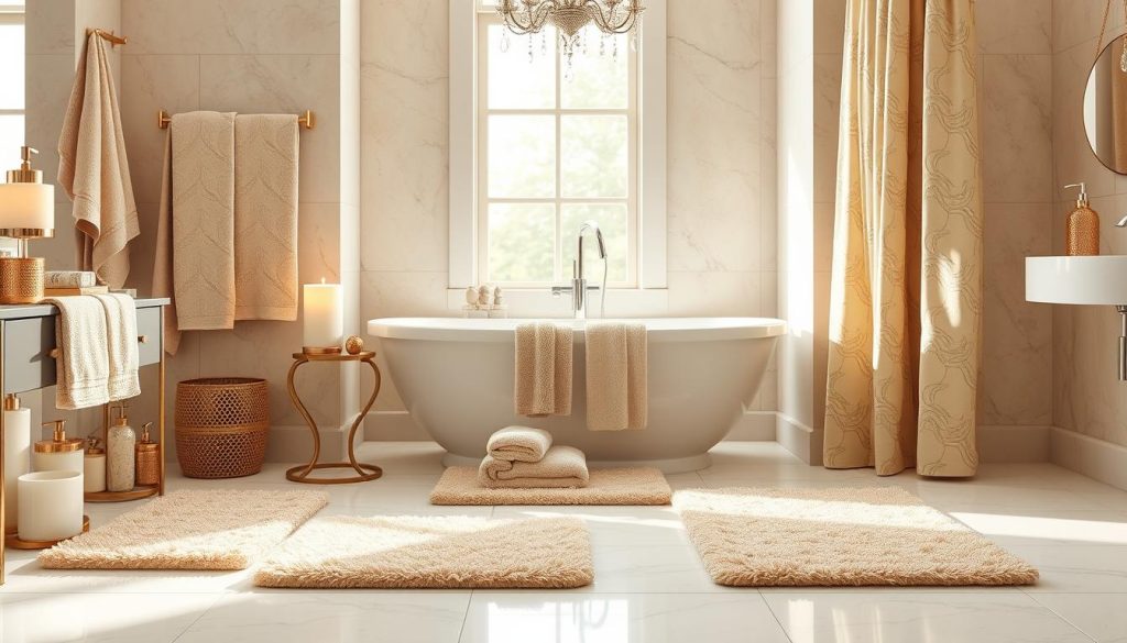 Coordinating beige bath mats with bathroom accessories