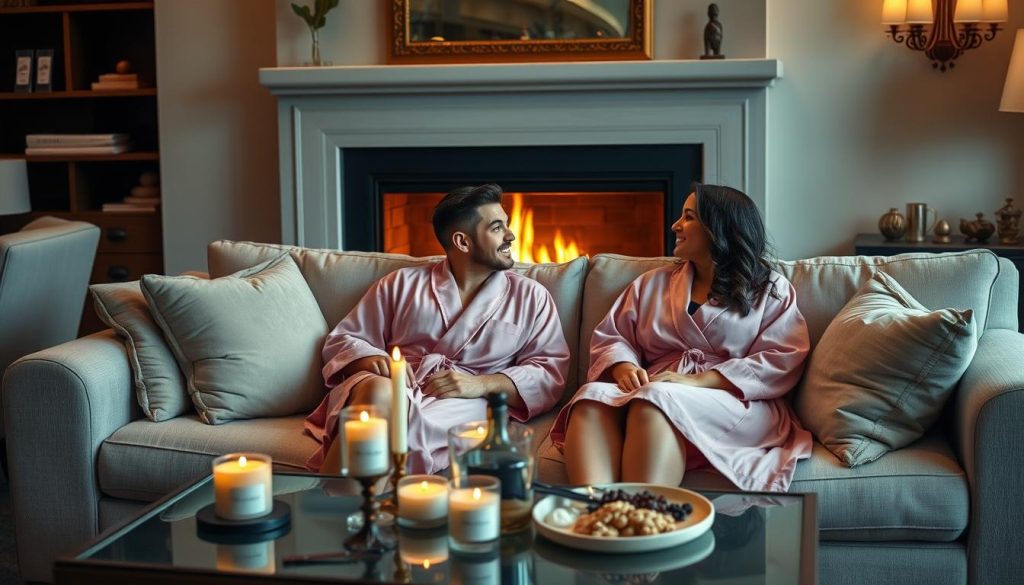 Couples relaxing in luxury his and her robes