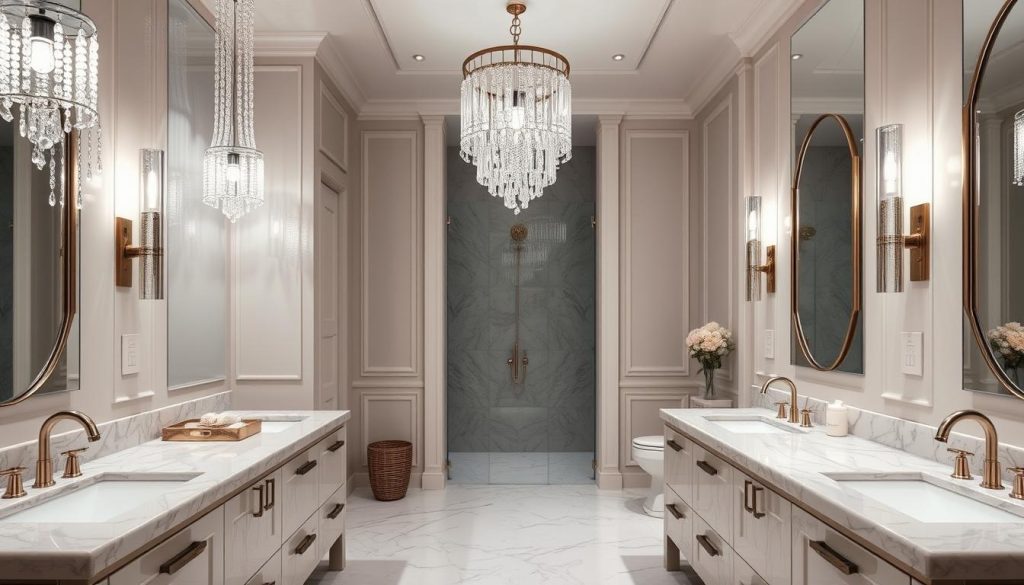 Crystal pendant lights in luxury bathroom