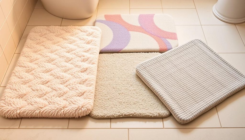 Different bath mat fabrics including cotton and microfiber