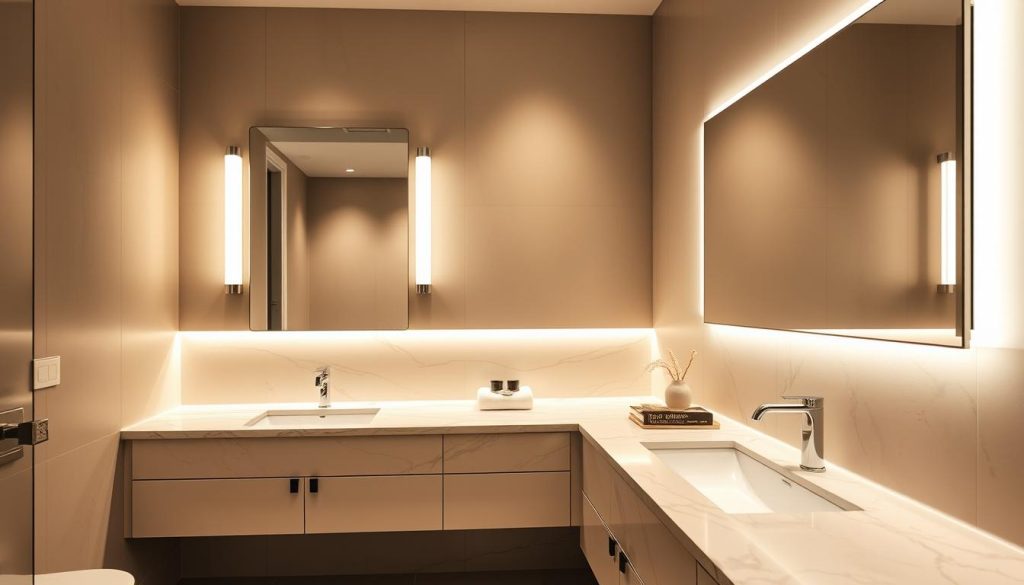 Dimmable vanity lights in a modern bathroom