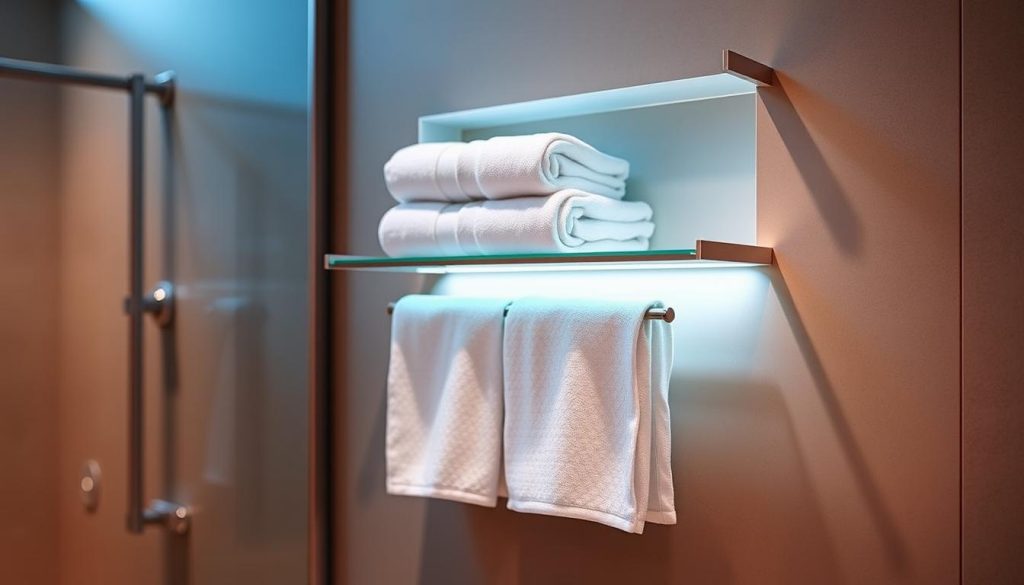 Dual-purpose towel warmer with built-in shelf