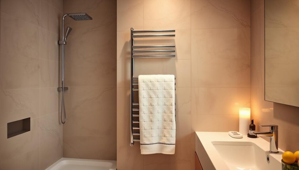 Electric towel warmer in a modern bathroom