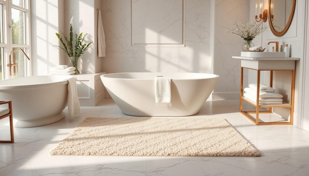 Elegant beige bath mat in a luxury bathroom