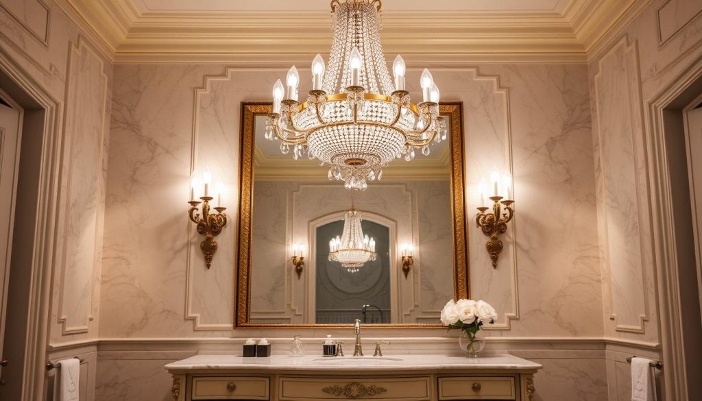 Elegant chandelier and sconce combination in bathroom