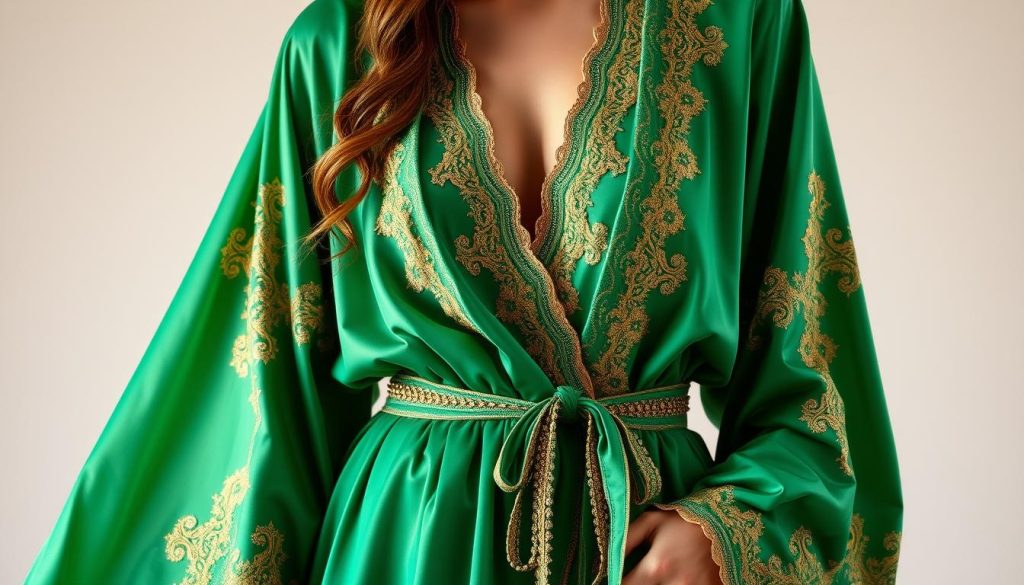 Elegant emerald green robe design features