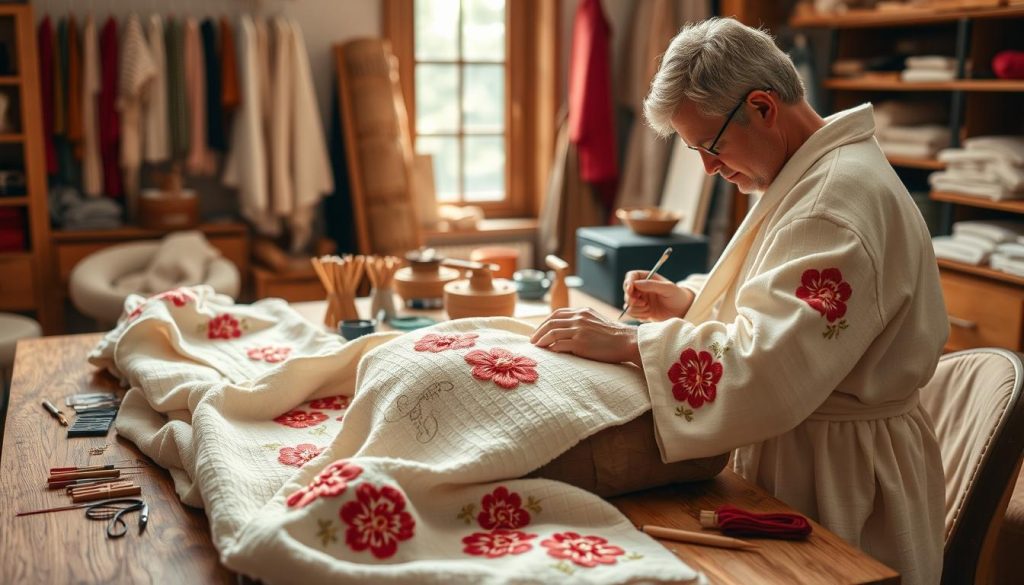 Embroidery process for luxury bathrobes