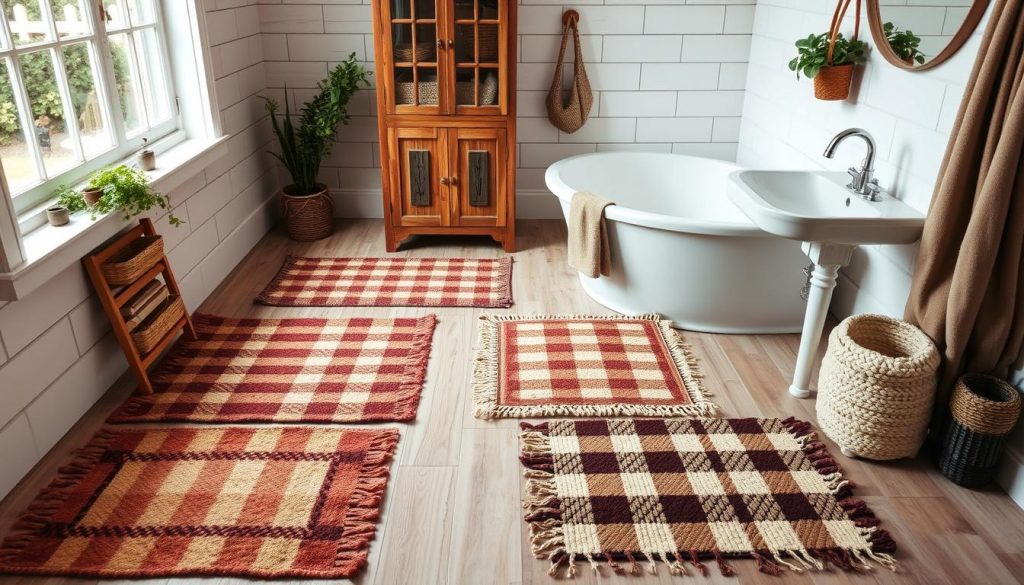 Farmhouse bathroom rugs with checkered patterns