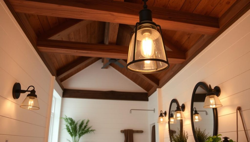 Farmhouse-style lighting in bathroom