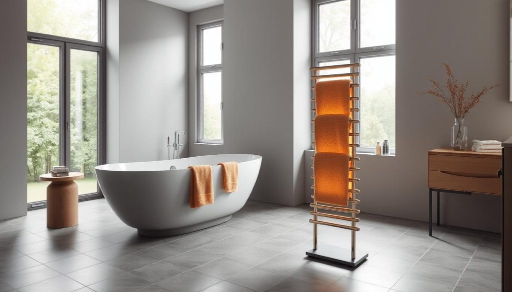 Floor standing towel warmer in bathroom layout