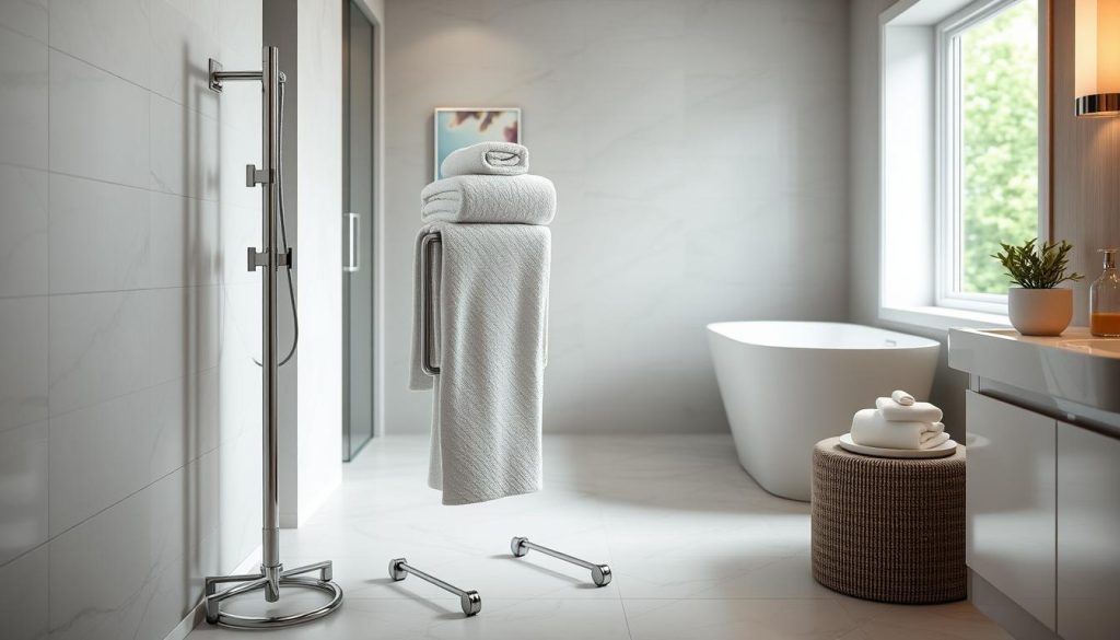 Freestanding towel warmer in a bathroom setting