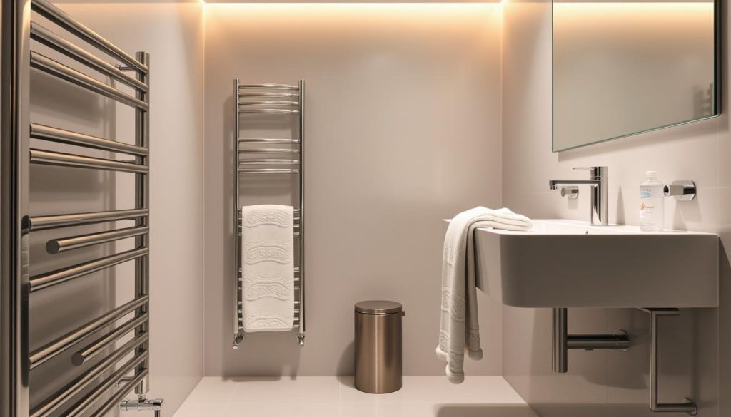 Heated towel rails in a modern bathroom