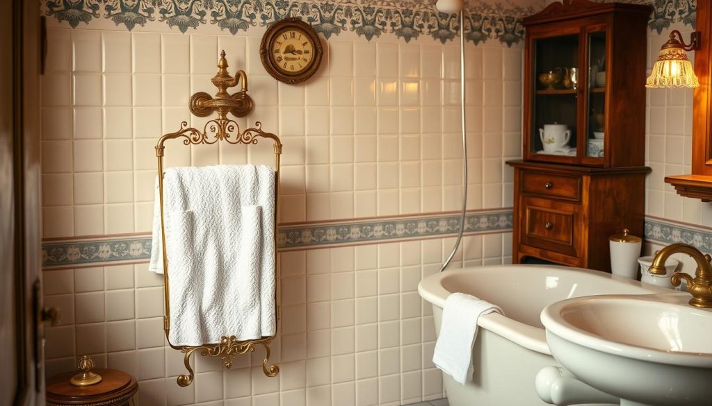 Heirloom towel warmer in vintage bathroom