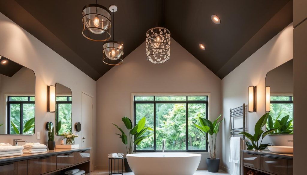 High ceiling bathroom lighting