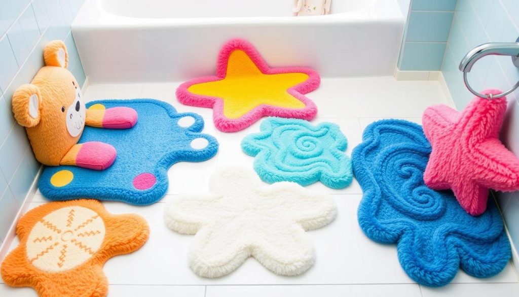 Kid-friendly bath mats with fun shapes and characters