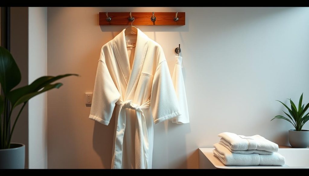 Luxurious cotton bathrobes hanging in a bathroom