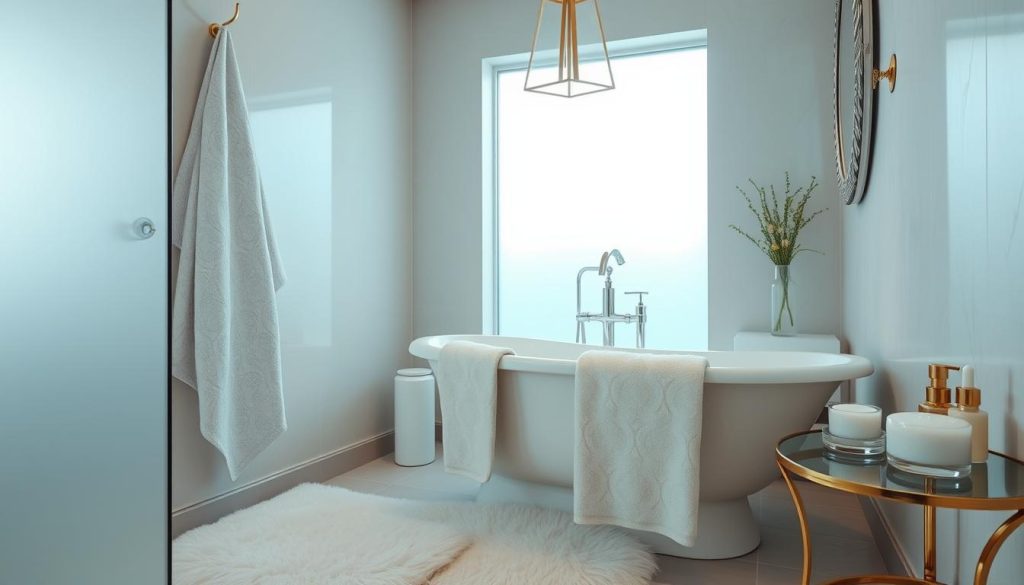 Luxury bath linens in a small bathroom