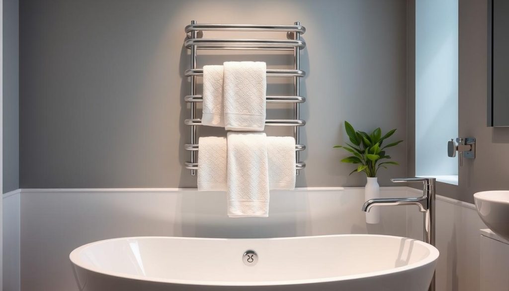 Luxury towel warmer above tub