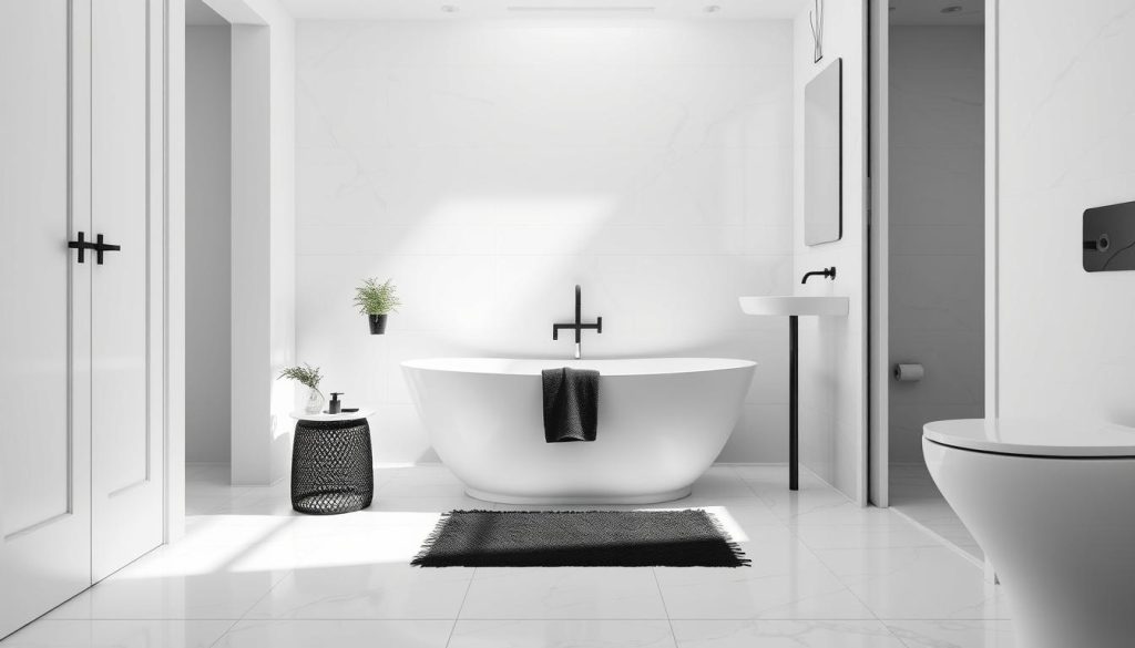 Monochrome bathroom design with black and white bath mat