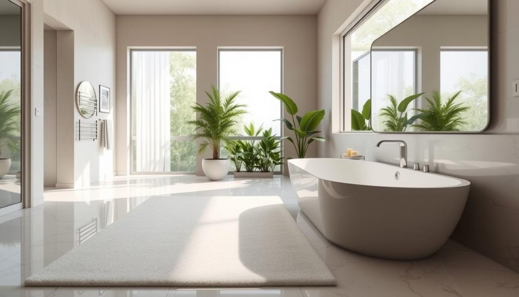 Oversized bath mat in a spacious bathroom