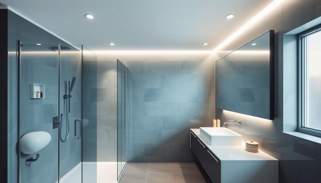 Recessed lighting in a modern bathroom