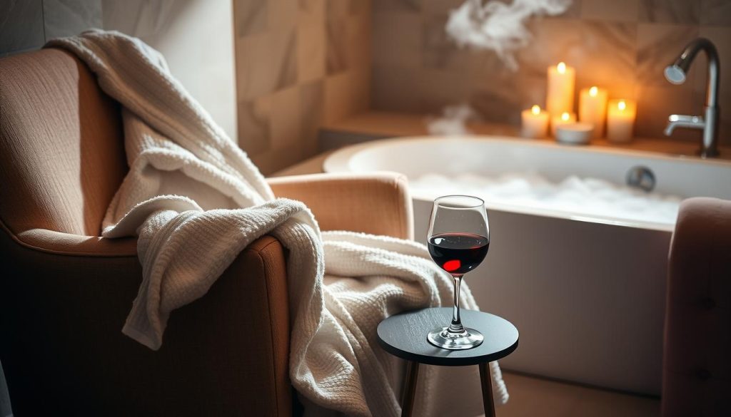 Relaxation indulgence with bath robe and wine