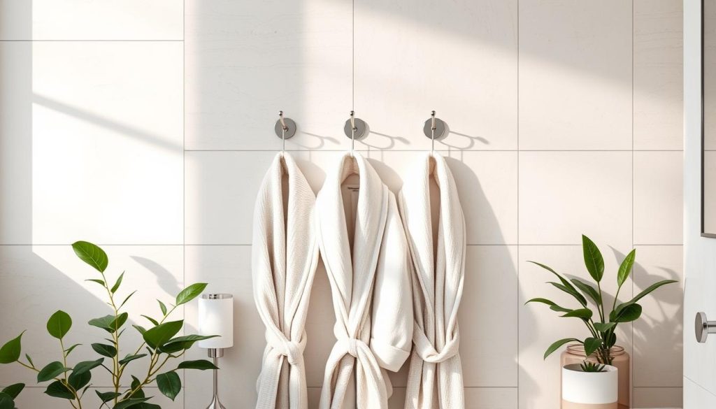 Robe hooks in a spa-like bathroom