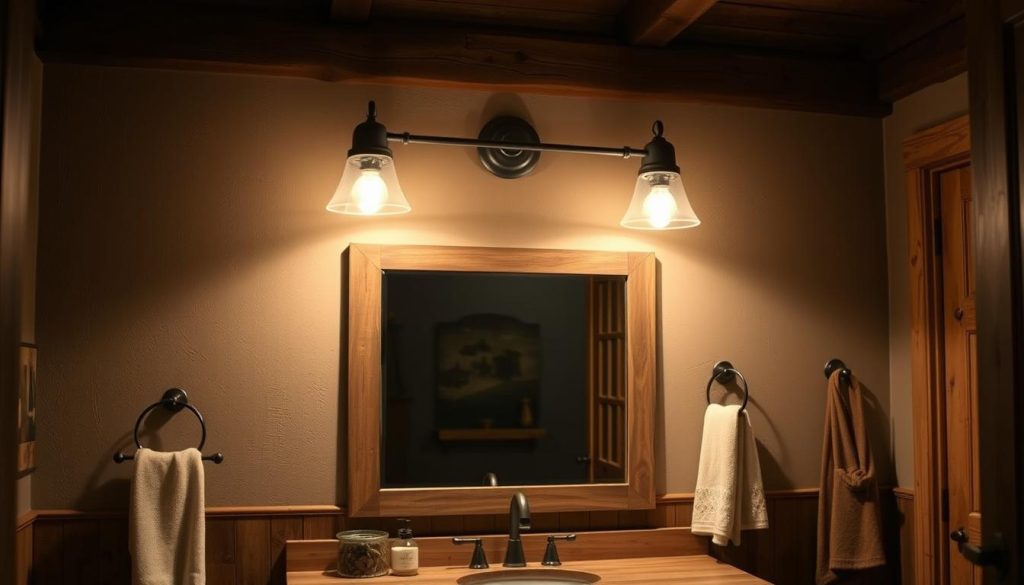 Rustic bathroom lighting with barn shades