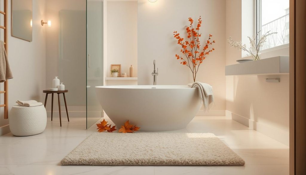 Seasonal bathroom decor with beige bath mat