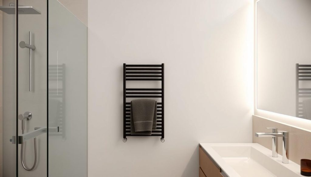 Sleek black towel warmer in a modern bathroom