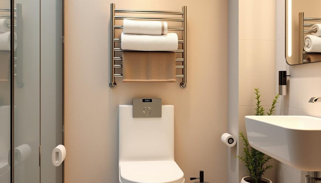 Space-saving towel warmers above WC