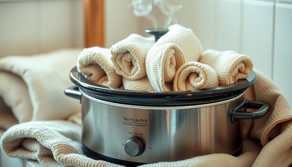 Towel crock pot with rolled towels