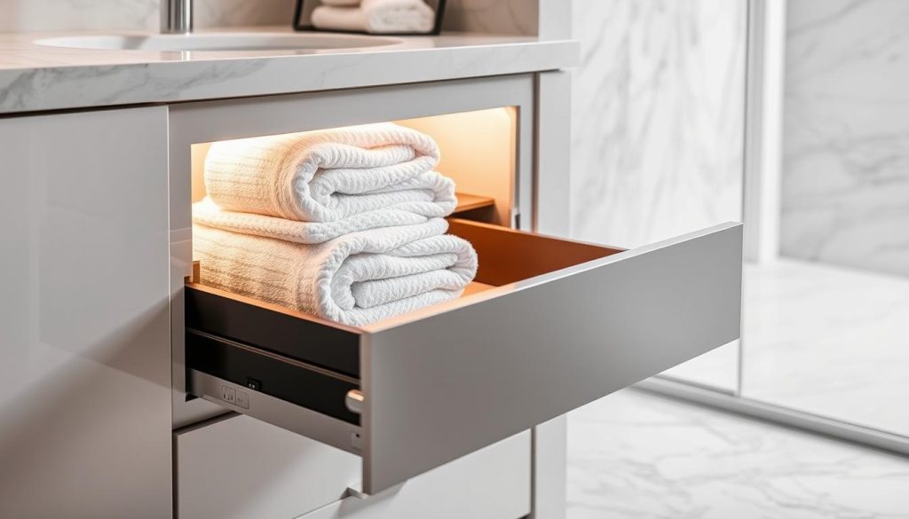 Towel warmer bathroom drawer features