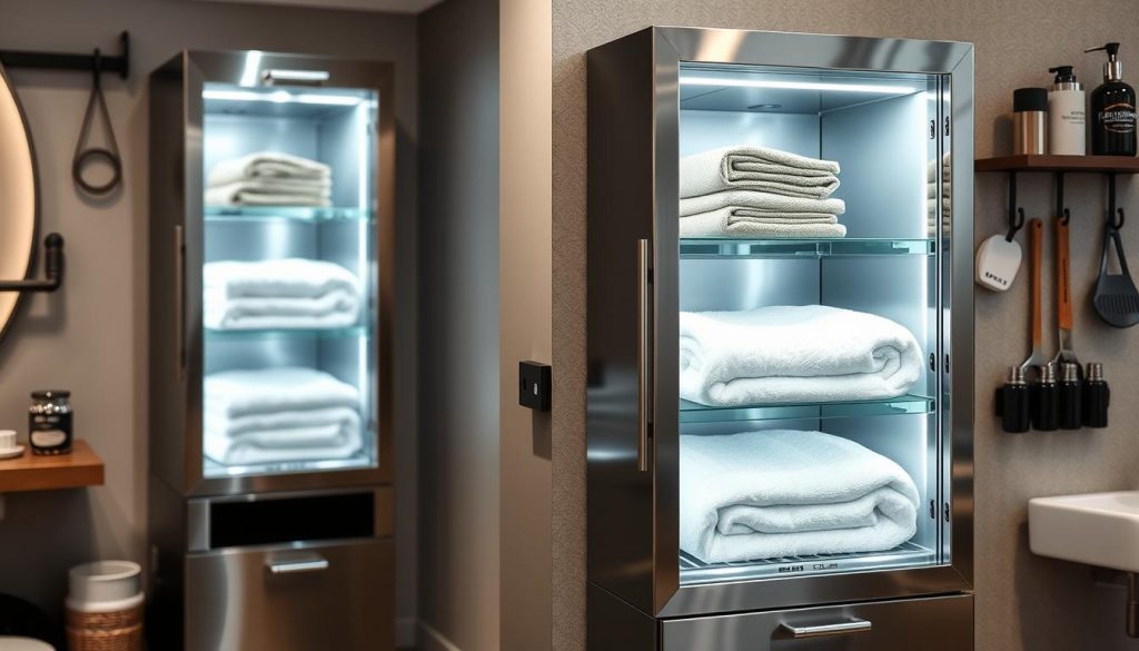 Towel warmer cabinet for barbershops