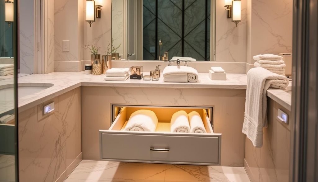 Towel warmer drawer in a luxury bathroom