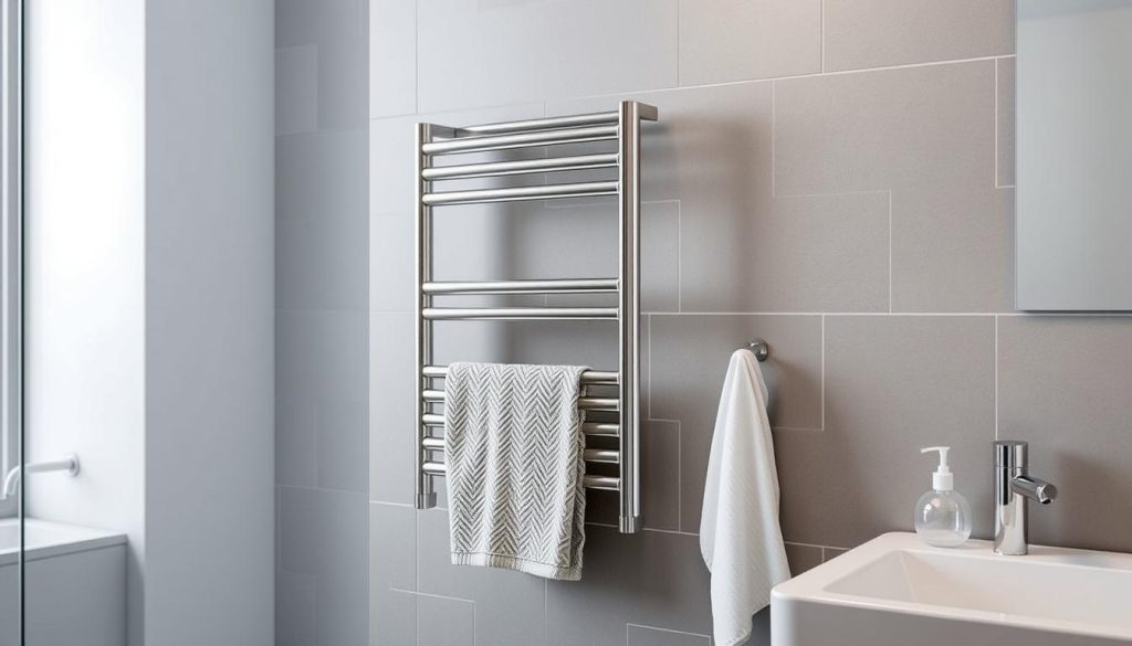 Towel warmer rack in a modern bathroom