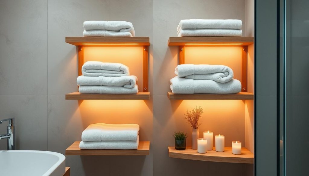 Towel warmer shelves for efficient heated towel storage