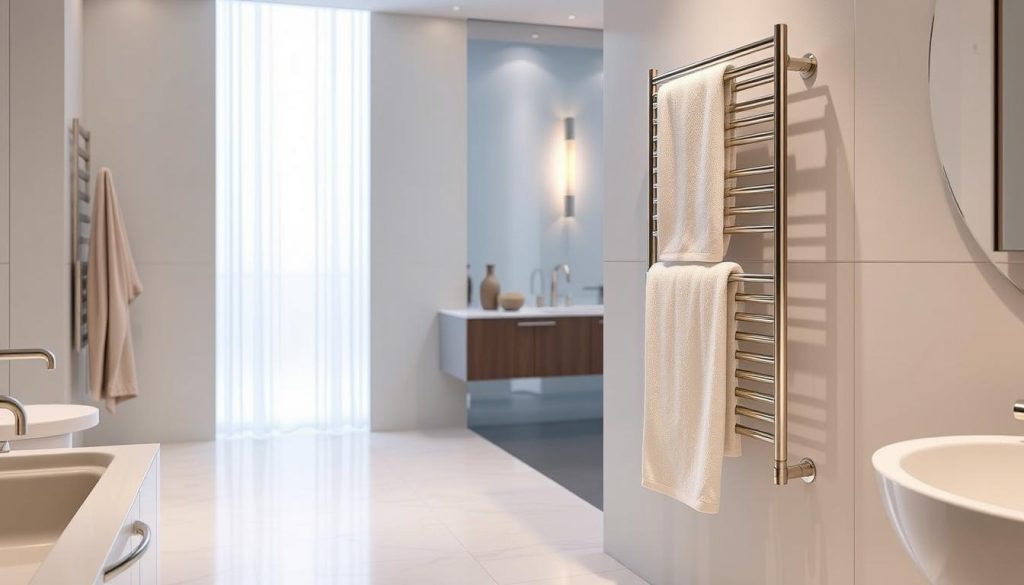 Towel warming racks in bathroom