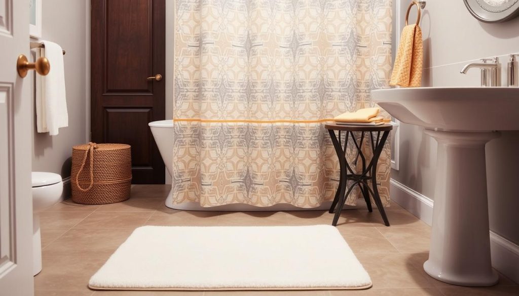 Trendy fabric shower curtain and memory foam bath mat