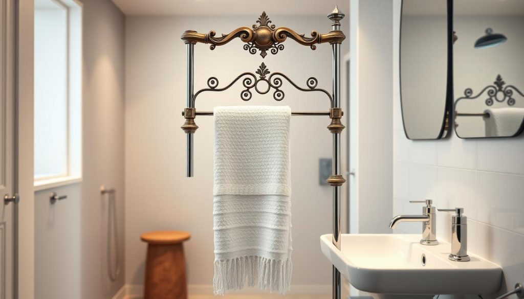 Vintage towel rack integrated with modern plumbing