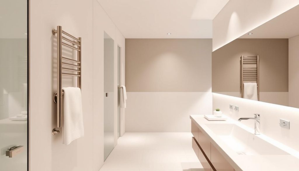 Wall-mounted towel warmers in a modern bathroom